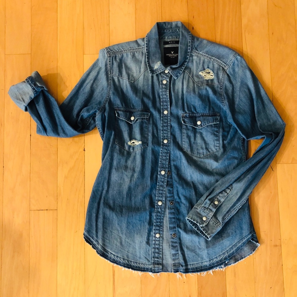 American Eagle outfitter distressed denim shirt